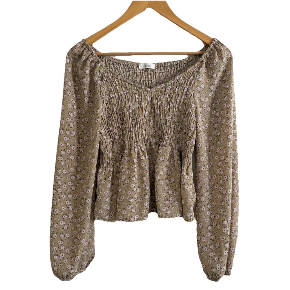 Active USA Cottagecore Ditsy Floral Smocked Top L Tan Pink Peplum Boho Blouse